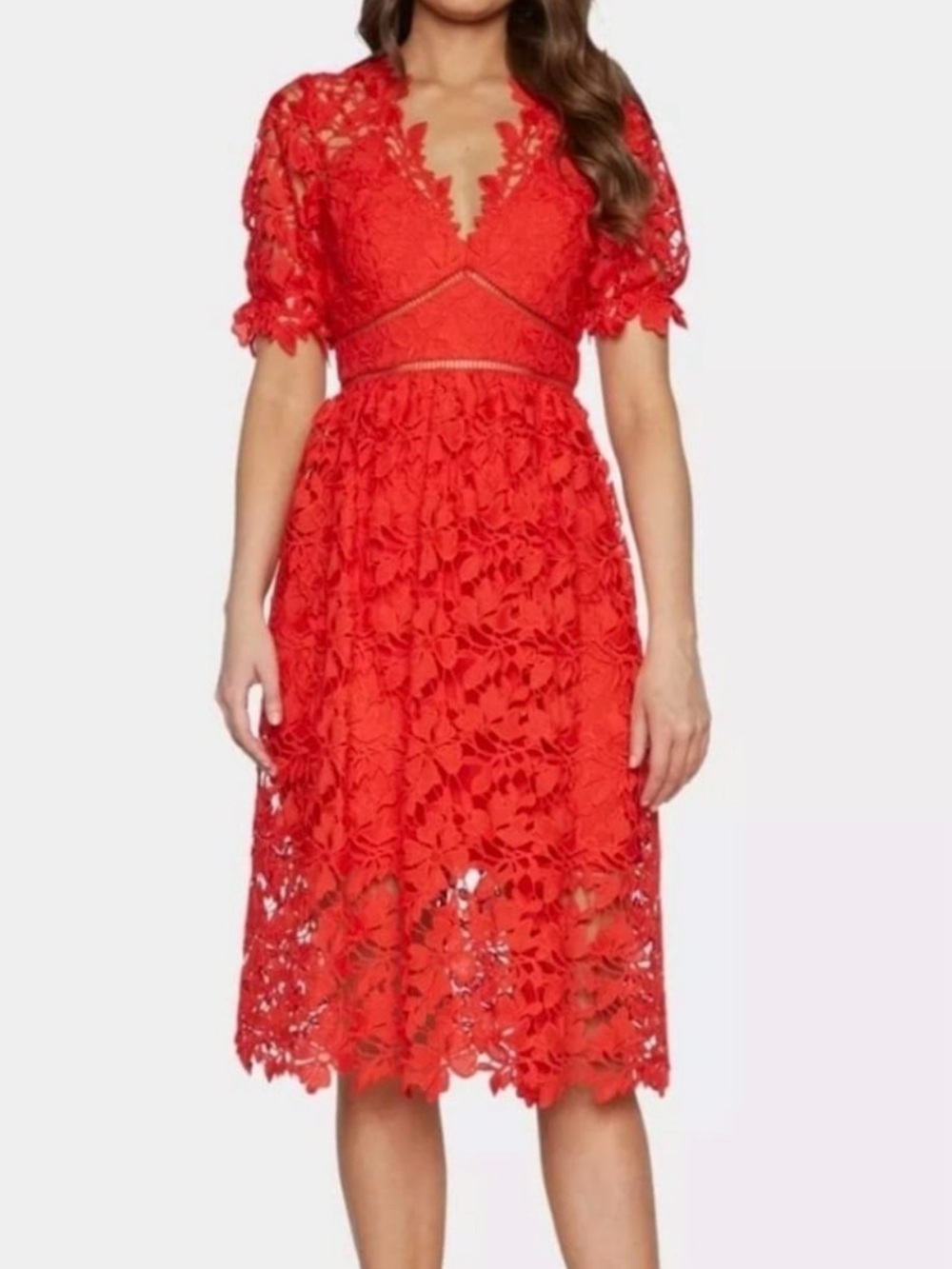 Bardot Red Floral Lace Midi Dress